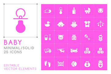 Set of 25 Universal Baby Icons on Color Background . Isolated Elements