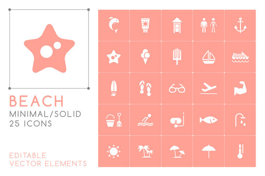 Set of 25 Universal Beach Icons on Color Background . Isolated Elements