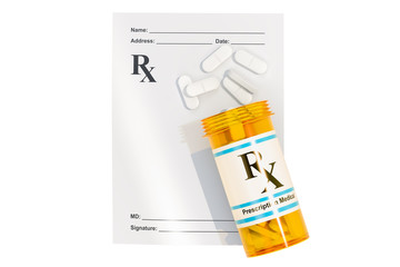 Medical bottle full drugs with empty RX prescription form, 3D rendering