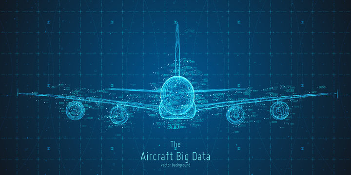 Vector abstract plane big data graph visualization. Aircraft infographics aesthetic design. Visual information complexity. Intricate engineering data scheme. Travel, tourism, transport analytics.