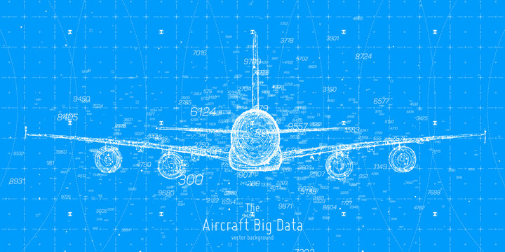 Vector abstract plane big data graph visualization. Aircraft infographics aesthetic design. Visual information complexity. Intricate engineering data scheme. Travel, tourism, transport analytics.