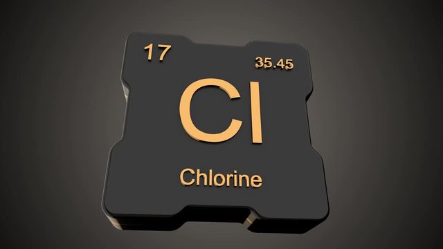 Chlorine element symbol from periodic table on futuristic black glossy icon animated on dark background and chroma key green screen background