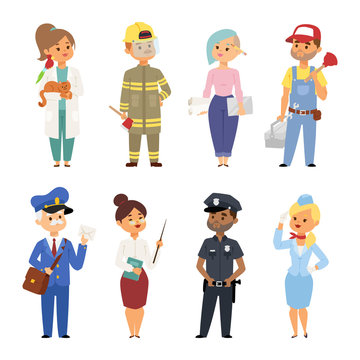 People different professions vector illustration. Success teamwork diversity human work lifestyle. Standing successful young professions person character in uniform