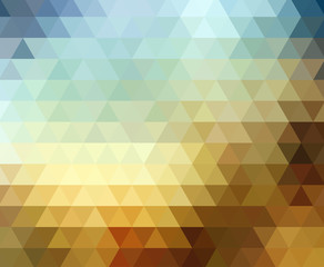 Digital triangle pixel mosaic, dark and bright blue brown yellow color.
