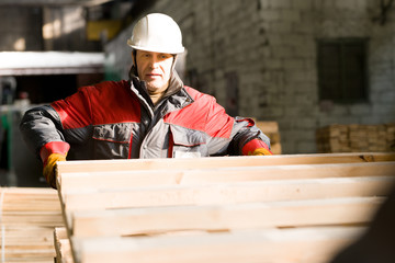 Portrait of mature factory worker wearing hardhat moving wooden pellet in workshop of modern plant, copy space