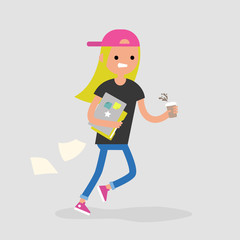 Fototapeta premium Young female character being late for a meeting. Office morning routine. Millennials at work. Flat editable vector illustration, clip art