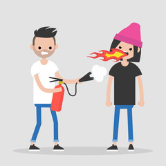 Quarrel conceptual illustration. Two arguing characters. Flames and fire extinguisher. Flat editable vector illustration, clip art