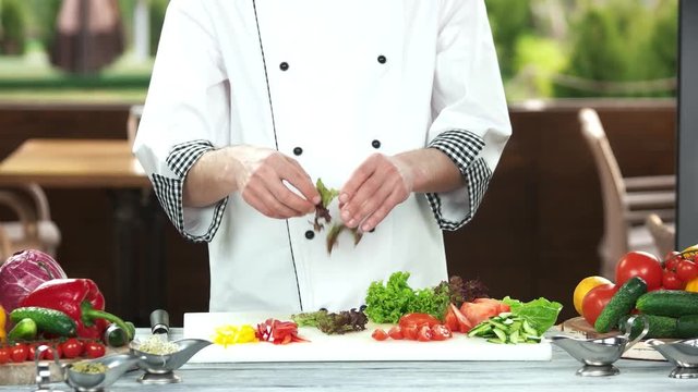 Chef ripping lettuce leaves. Man preparing healthy food.