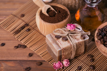 Natural handmade soap, aromatic cosmetic oil, sea salt with coffee beans