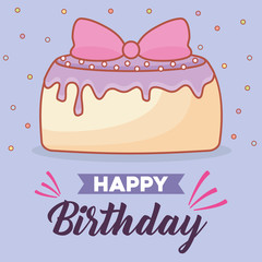 Happy birthday card with birthday cake icon over purple background, colorful design. vector illustration