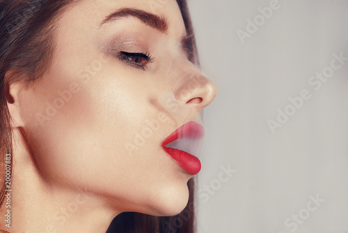 Portrait Of Beauty Model Woman Smoke Smoking Girl Close Up