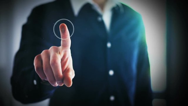 Person unlocking devices with fingerprint scan using biometrics security, access granted concept with digital interface, businessman digital animation of verafication authentication login to system AI