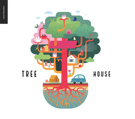 Tree house concept - a tree with houses, birds, nest, flowers and birdhouse on it, a car and tent with bonfire under it, and ground cut with soil layers and trees roots - summer camp vacation concept