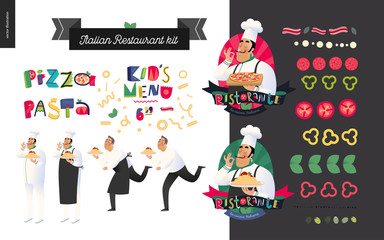 Italian restaurant set - branding, logo and menu constructor - kit of restaurant logo, cooks and waiters wearing the uniform holding a dish of pasta with red bolognese sauce and other italian food