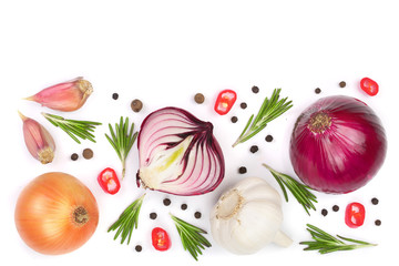 red onions, garlic with rosemary and peppercorns isolated on a white background with copy space for your text. Top view