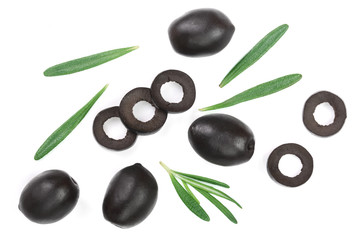 whole and sliced black olives with rosemary leaves isolated on white background. Top view. Flat lay pattern