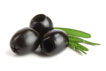 whole black olives with rosemary leaf isolated on white background macro