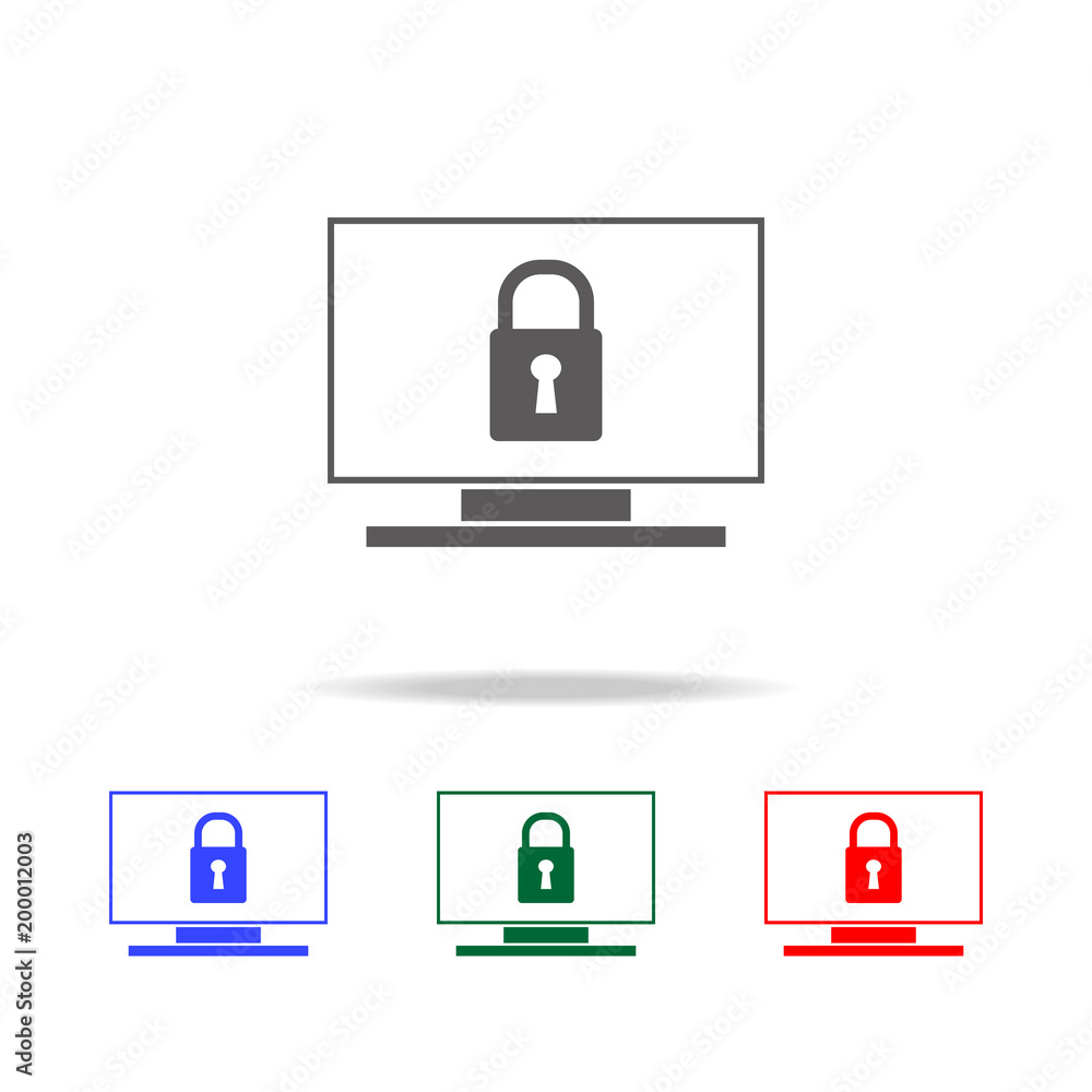 Poster desktop computer and lock on screen icon. elements of cyber security multi colored icons. premium qu
