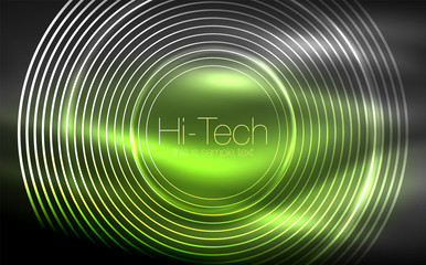 Circular glowing neon shapes, techno background. Abstract shiny transparent circles on dark technology space