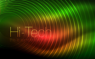 Circular glowing neon shapes, techno background. Abstract shiny transparent circles on dark technology space