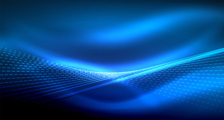 Smooth light effect, straight lines on glowing shiny neon dark background. Energy technology idea