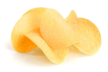 heap of potato chips on white background close-up