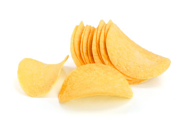 heap of potato chips on white background close-up