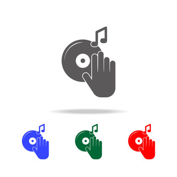 DJ Turntable Record Player With Hand Icon. Elements of disco and night life multi colored icons. Premium quality graphic design icon. Simple icon for websites, web design