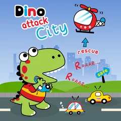 Fotobehang Dino attack city cartoon vector art © Elzian