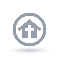 Church building with cross icon in circle outline. Religious community house sign. Christian home fellowship symbol. Vector illustration.