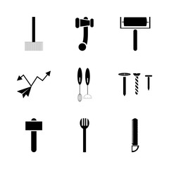 Obraz premium icon Instruments And Tools with dishware, hardware, sing, carpenter saw and blander