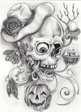 Art Surreal Fantasy Skull. Hand pencil drawing on paper.