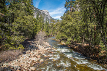 long exposure of rocky river from water fall at yosemite 