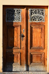 Wooden ancient entrance door. Prague, Czech. Architecture.