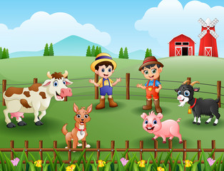 Obraz na płótnie Canvas Young farmers activities with animals 