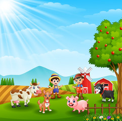 Young farmers activities with animals in farm