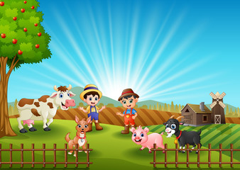 Young farmers activities with animals on farm