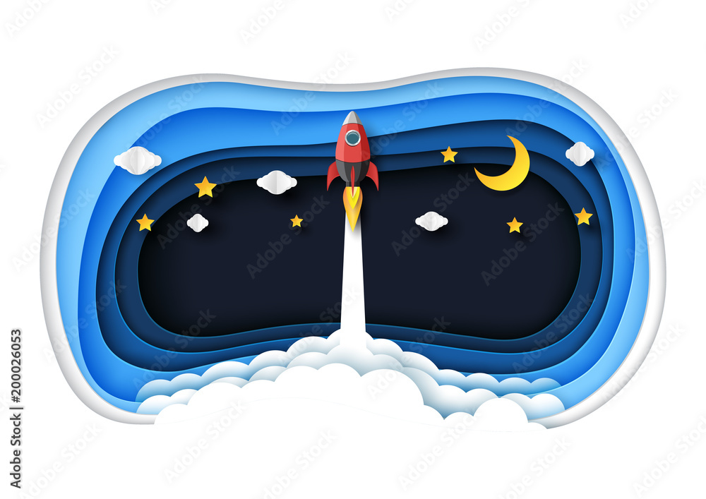 Poster rocket ship launch flying on blue abstract 3d hole paper layers with clouds,stars and moon.paper art