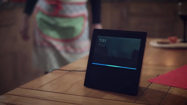 4k Woman Checking Shops Nearby on Smart Home Device