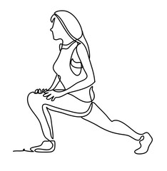 Woman doing gymnastics the half bridge pose in fitness studio. Continuous line drawing. Isolated on the white background. Vector monochrome, drawing by lines.