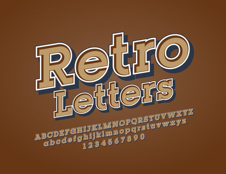 Vector Retro Letters. Rotated Vintage Font. Old fashioned Alphabet, Numbers and Punctuation Symbols