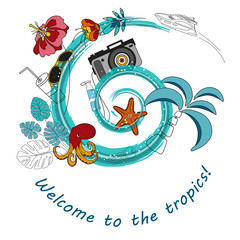 Tropical design for banner, poster or flyer with sea wave, palm leaves, flowers and marine life. Vector illustration