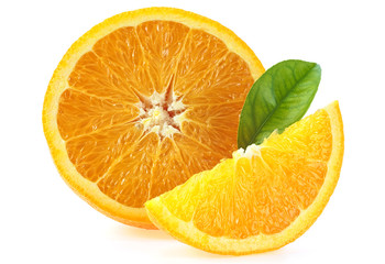 Orange fruit slices with leaf isolated on white background