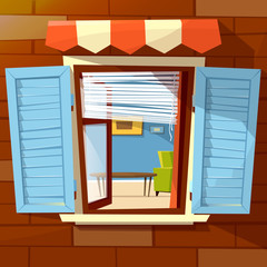 House facade open window vector illustration of window with open wooden shutters and room interior view inside. Flat cartoon design of old or modern window awning on brick wall background