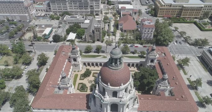 Aerial Flying Down Pasadena City Hall to Reveal City Hall Sign (D-Cinelike)