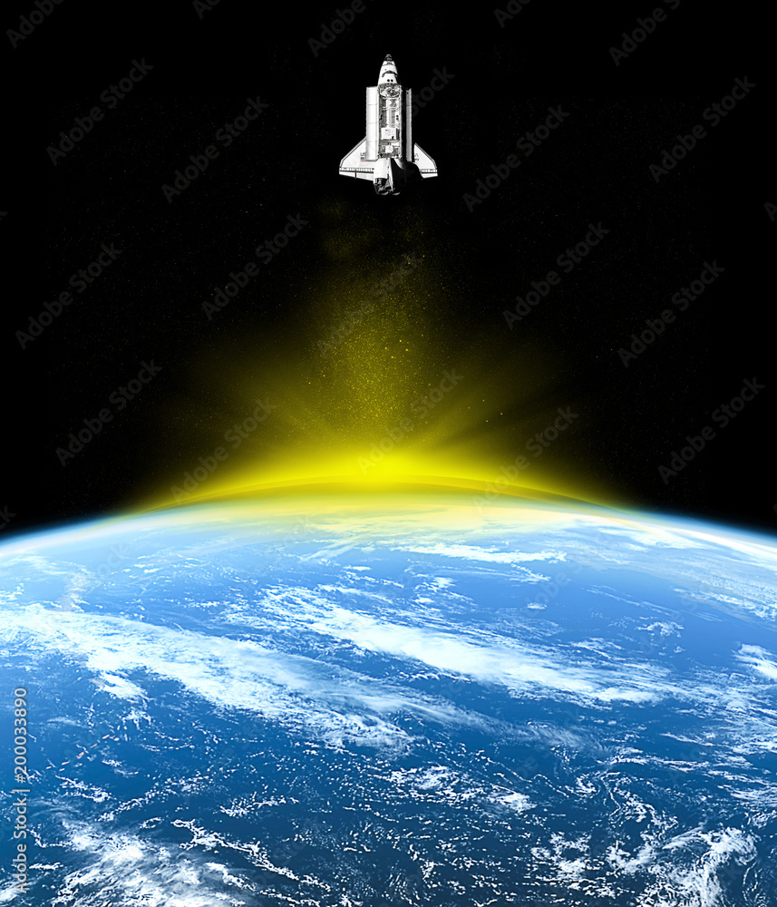 Wall mural spaceship flying into outer space on planet earth background. some elements of this image are furnis