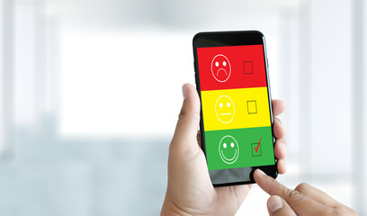 business man and woman select happy on satisfaction evaluation? And good mood smiley and evaluate