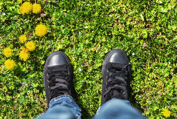 Sports shoes on a fresh green grass.