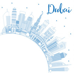 Fototapeta premium Outline Dubai UAE City Skyline with Blue Buildings and Copy Space.