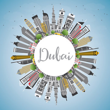 Dubai UAE City Skyline with Gray Buildings, Blue Sky and Copy Space.